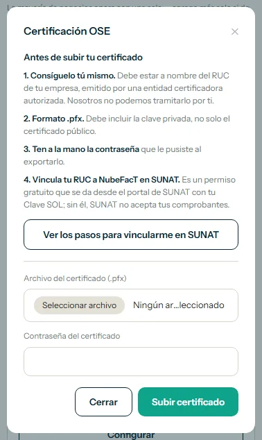 Ventana Certificación OSE con el botón Ver los pasos para vincularme en SUNAT y el botón Subir certificado resaltados