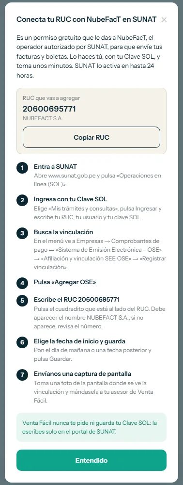 Guía para conectar tu RUC con NubeFacT en SUNAT, con el botón Copiar RUC y el botón Entendido resaltados