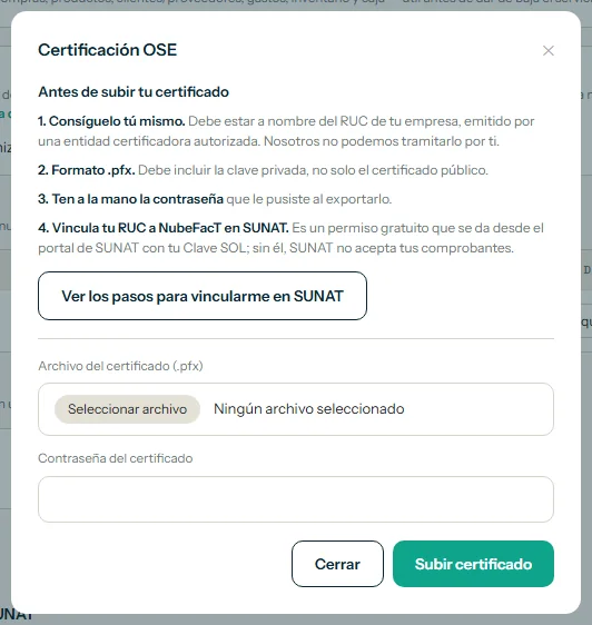 Ventana Certificación OSE con el botón Ver los pasos para vincularme en SUNAT y el botón Subir certificado resaltados