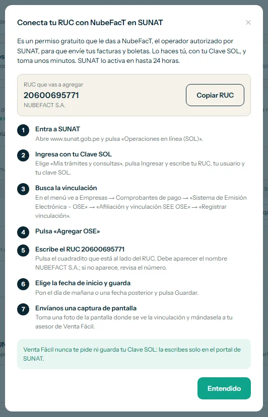 Guía para conectar tu RUC con NubeFacT en SUNAT, con el botón Copiar RUC y el botón Entendido resaltados