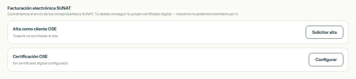 Configuración, sección Facturación electrónica SUNAT, con los botones Solicitar alta y Configurar resaltados