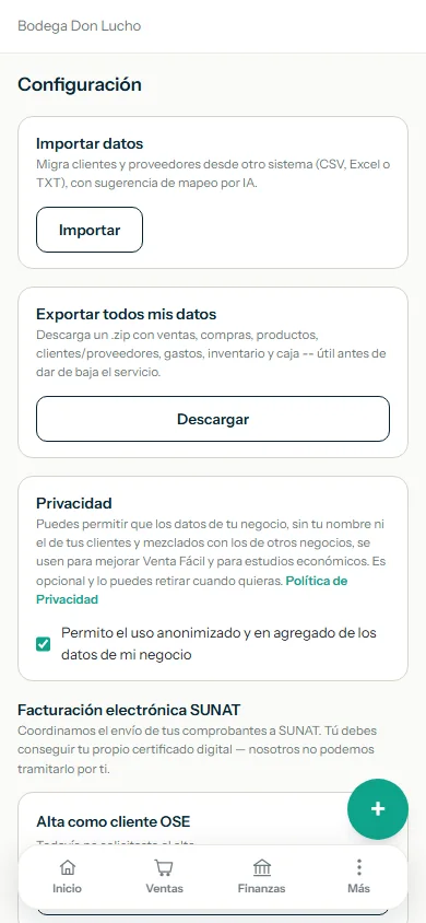 Pantalla de Configuración con la tarjeta Importar datos y su botón Importar resaltado