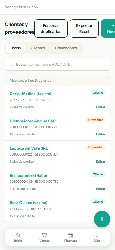 Lista de clientes y proveedores con el botón Nuevo, el buscador y la pestaña Proveedores resaltados