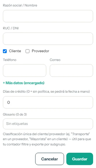 Ventana de nuevo cliente o proveedor con la casilla Cliente, la razón social y el documento resaltados
