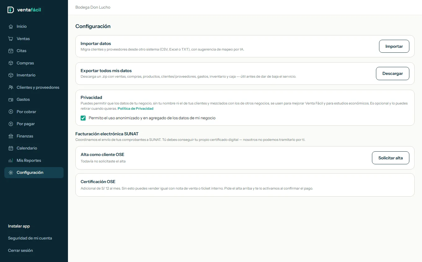 Pantalla de Configuración con la tarjeta Importar datos y su botón Importar resaltado