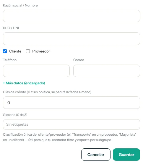 Ventana de nuevo cliente o proveedor con la casilla Cliente, la razón social y el documento resaltados