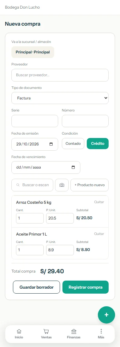 Nueva compra a crédito con el campo de fecha de vencimiento resaltado