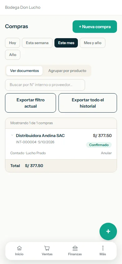 Lista de compras con el botón Nueva compra arriba a la derecha