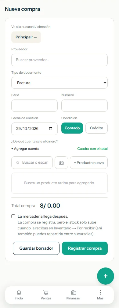 Nueva compra con la casilla La mercadería llega después resaltada