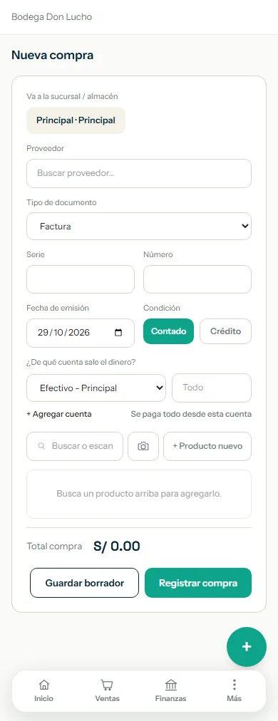 Nueva compra con el botón Producto nuevo resaltado