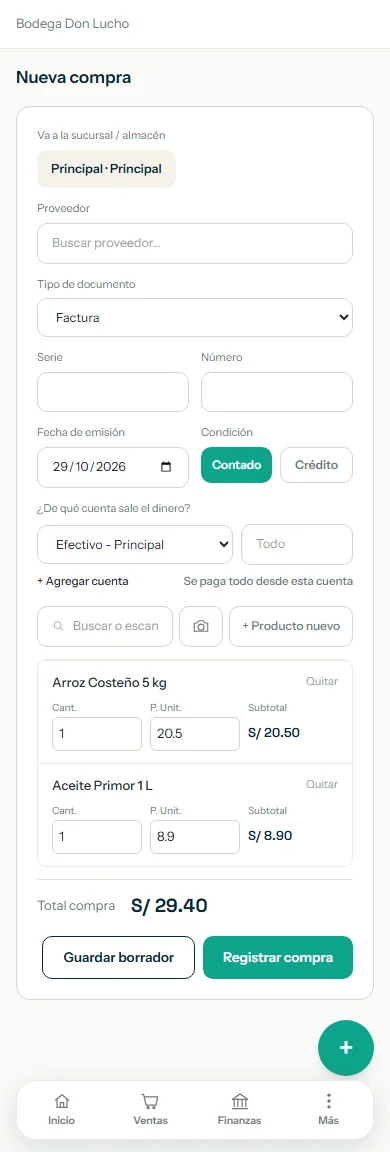 Nueva compra con dos productos agregados y los campos de cantidad y precio resaltados