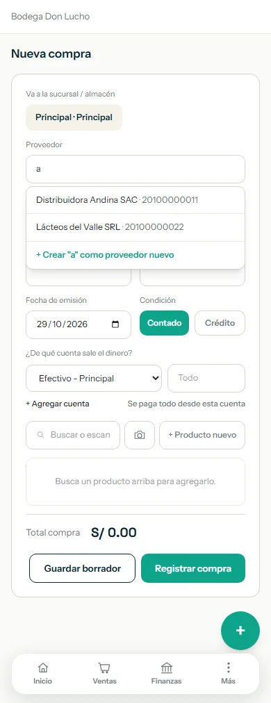 Nueva compra con la lista de proveedores al escribir en el campo Proveedor