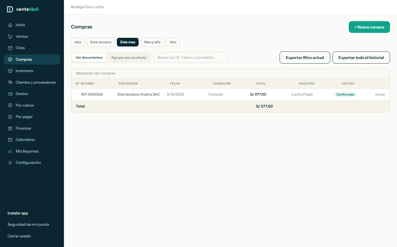 Lista de compras con el botón Nueva compra arriba a la derecha