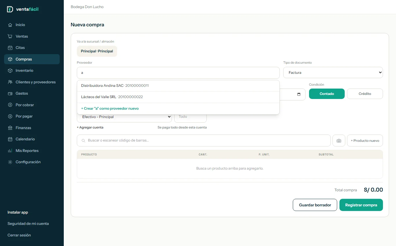Nueva compra con la lista de proveedores al escribir en el campo Proveedor