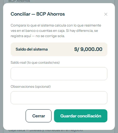 Ventana de conciliación con el saldo real y el botón Guardar conciliación resaltados