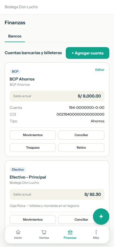 Pantalla de Finanzas con las tarjetas de cuenta, el botón Agregar cuenta y el botón Movimientos resaltados