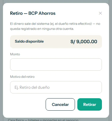 Ventana de retiro con el motivo del retiro y el botón Retirar resaltados