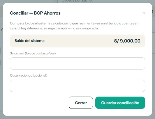 Ventana de conciliación con el saldo real y el botón Guardar conciliación resaltados