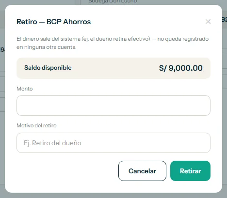 Ventana de retiro con el motivo del retiro y el botón Retirar resaltados