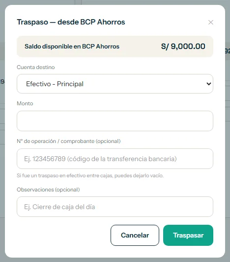 Ventana de traspaso con la cuenta destino y el botón Traspasar resaltados