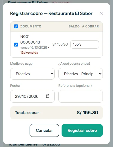 Ventana Registrar cobro con la fecha y el botón Registrar cobro resaltados