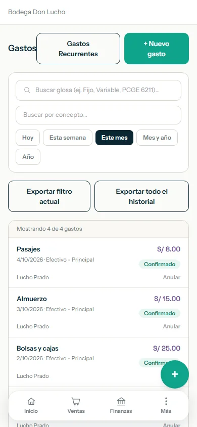 Lista de gastos con los botones Nuevo gasto y Gastos Recurrentes y el buscador resaltados