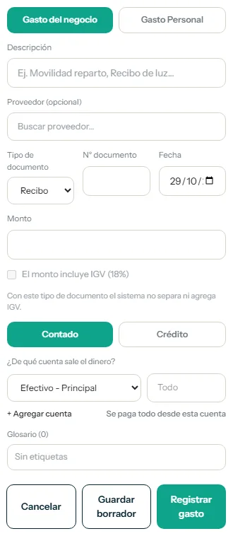 Ventana de nuevo gasto con el tipo de gasto, la descripción y el monto resaltados