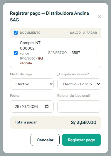 Ventana Registrar pago con la fecha y el botón Registrar pago resaltados