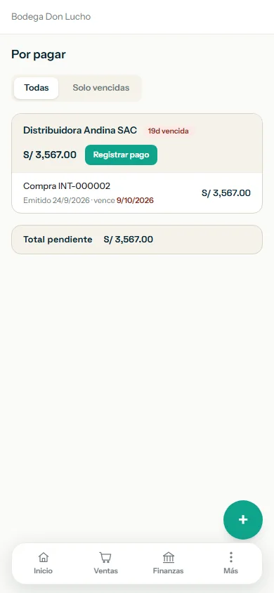 Pantalla Por pagar con el filtro Solo vencidas y el botón Registrar pago resaltados