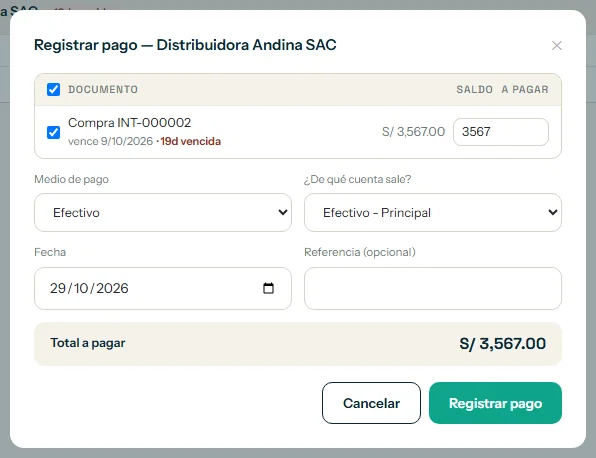 Ventana Registrar pago con la fecha y el botón Registrar pago resaltados