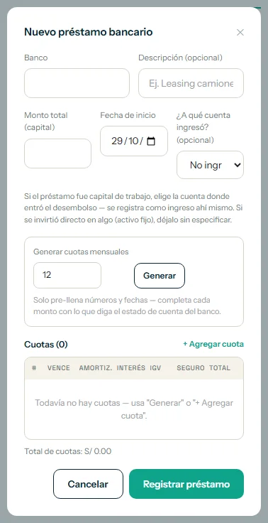 Ventana de nuevo préstamo bancario con el banco, el monto total y el botón Generar resaltados