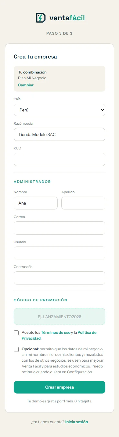 Registro, paso 3 de 3: Crea tu empresa, con el botón Crear empresa resaltado