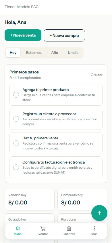 Pantalla de Inicio con la lista de Primeros pasos resaltada