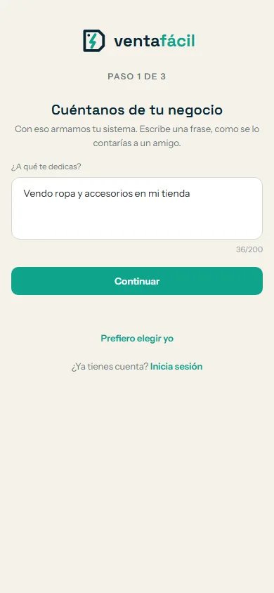 Registro, paso 1 de 3: Cuéntanos de tu negocio, con una frase escrita y el botón Continuar