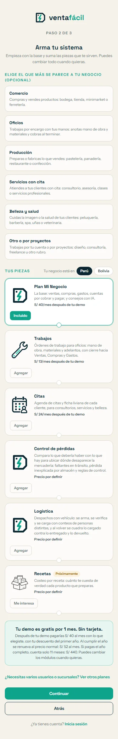 Registro, paso 2 de 3: Arma tu sistema, con los tipos de negocio y las piezas