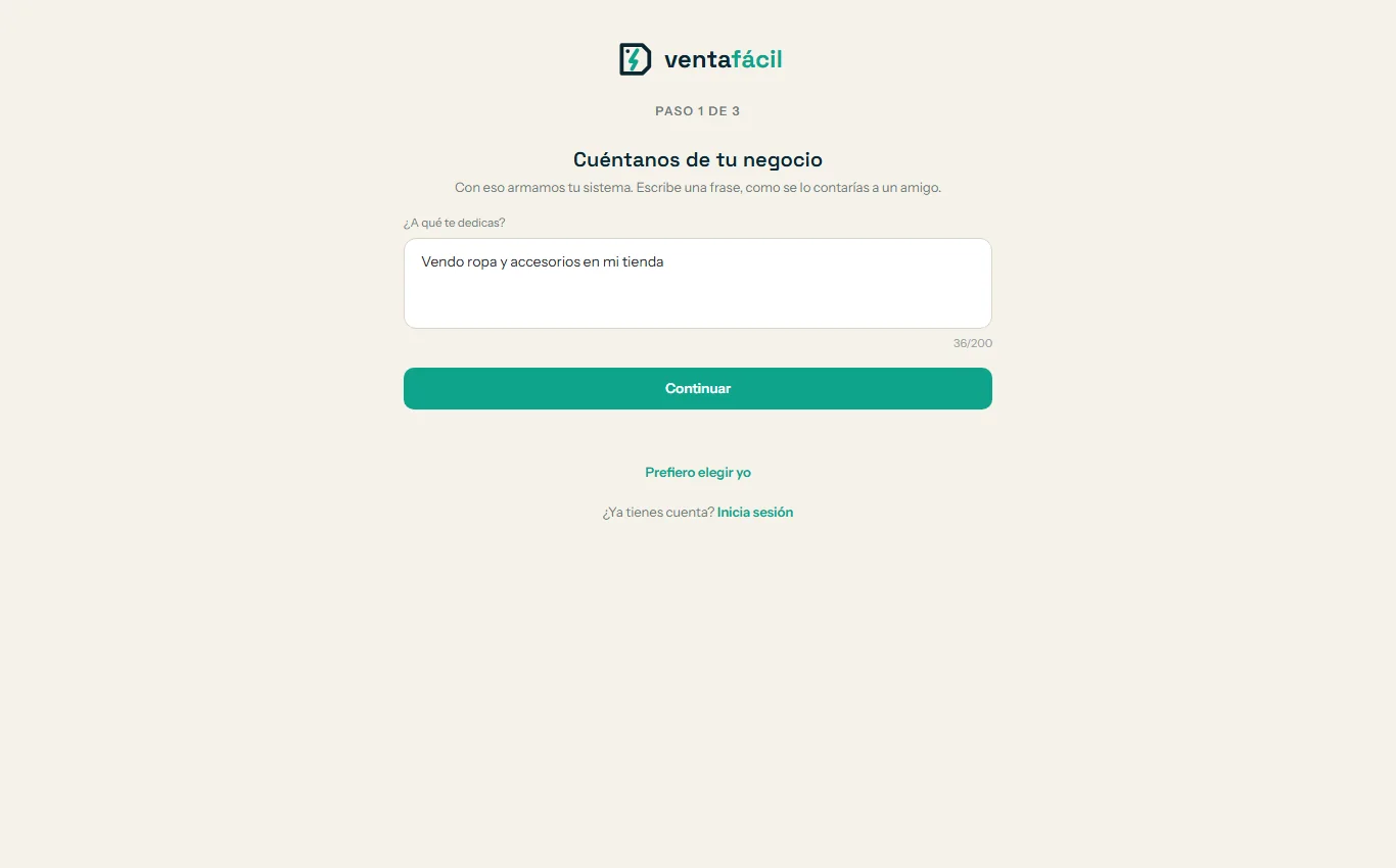 Registro, paso 1 de 3: Cuéntanos de tu negocio, con una frase escrita y el botón Continuar