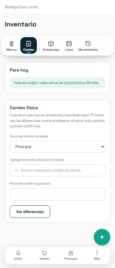 Pantalla de Conteo físico con el buscador de productos y el botón Ver diferencias resaltados