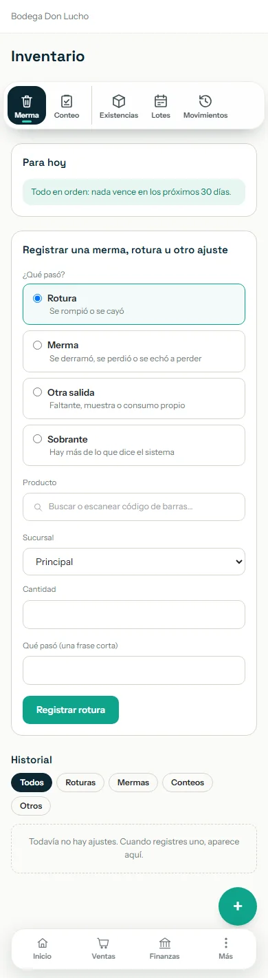 Pantalla de Merma con las opciones de qué pasó y el botón Registrar resaltados