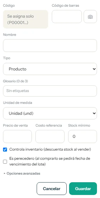 Ventana de producto nuevo con los campos Nombre, Precio de venta y Costo resaltados