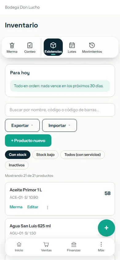 Inventario con la tarjeta Para hoy resaltada