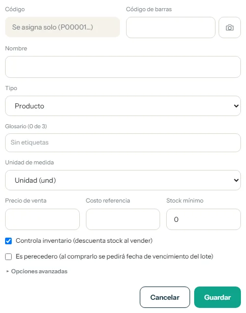 Ventana de producto nuevo con los campos Nombre, Precio de venta y Costo resaltados