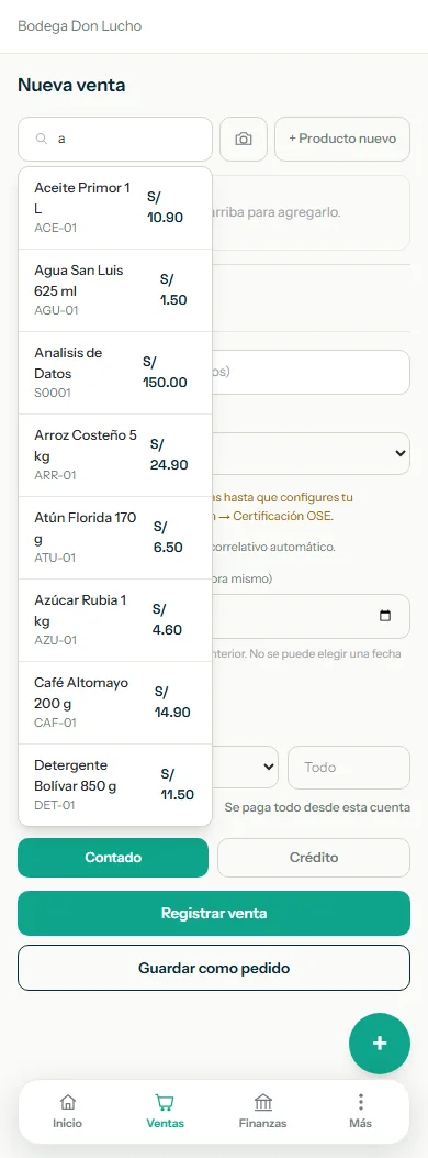 Búsqueda de productos en Nueva venta con una lista de resultados y sus precios