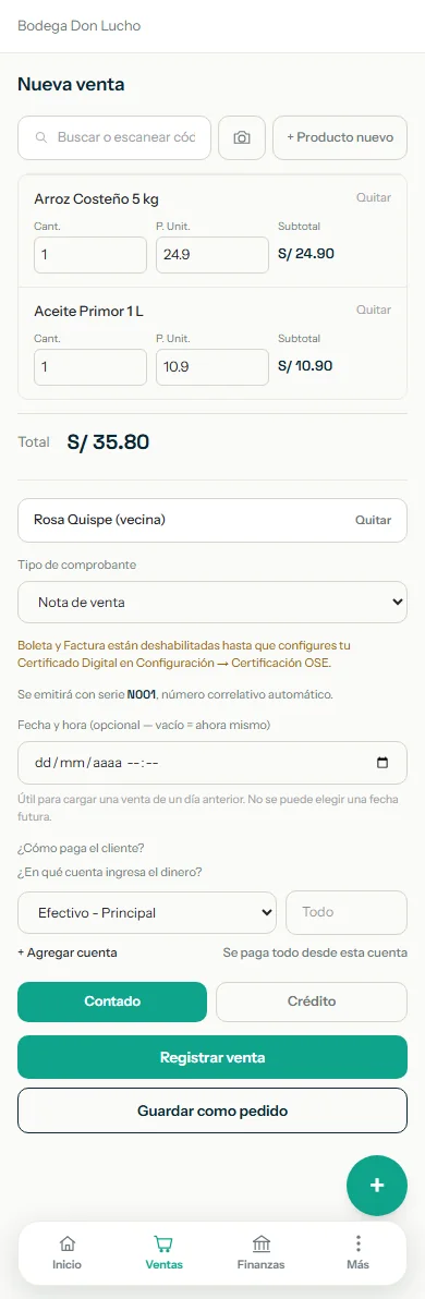 Nueva venta con dos productos en el carrito y un cliente elegido