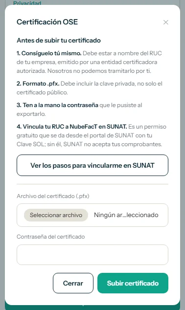 Ventana Certificación OSE con los cuatro requisitos antes de subir el certificado