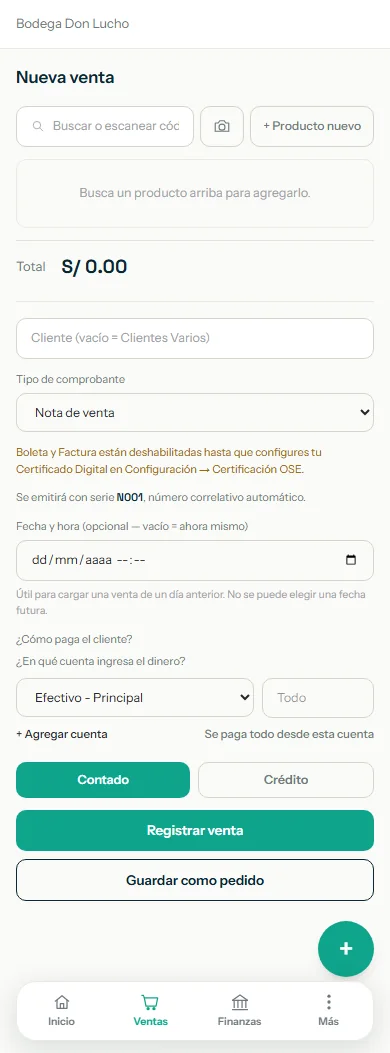 Nueva venta con el aviso de que Boleta y Factura están deshabilitadas hasta configurar el Certificado Digital