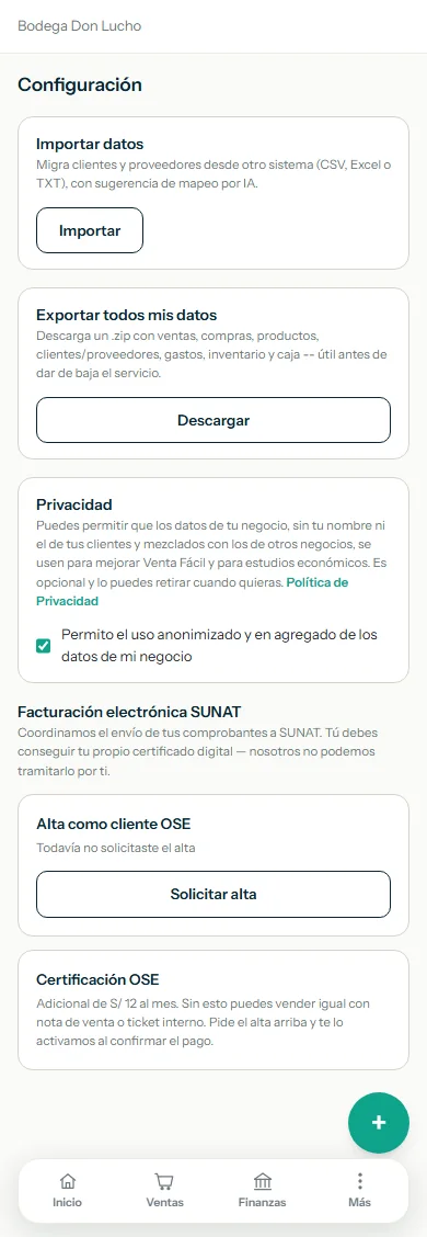 Configuración con la sección Facturación electrónica SUNAT, la tarjeta Alta como cliente OSE y la tarjeta Certificación OSE