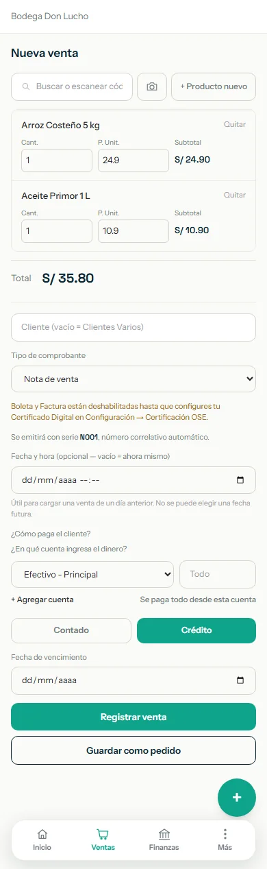 Nueva venta con Crédito seleccionado y el campo de fecha de vencimiento