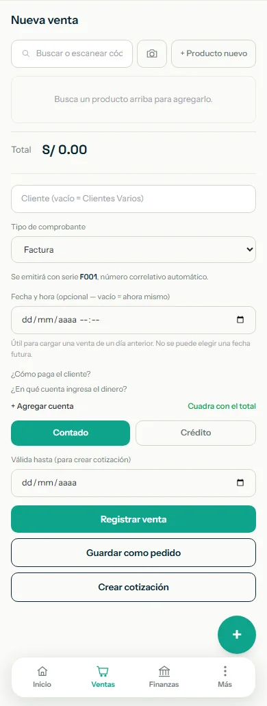 Nueva venta con el tipo Factura elegido y la serie F001