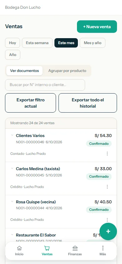 Lista de ventas con el botón Nueva venta arriba a la derecha
