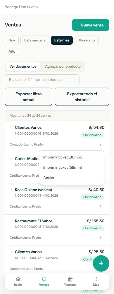 Menú de una venta con Imprimir ticket de 80 mm, Imprimir ticket de 58 mm y Anular